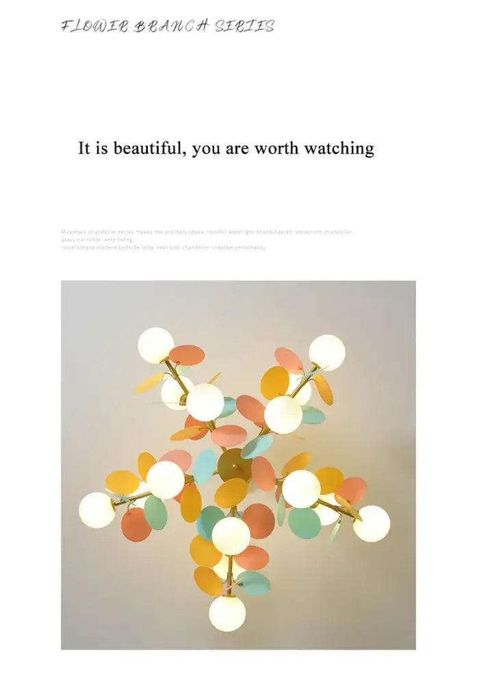 Modern DecorBites™ colorful LED branch chandelier with white glass bulbs and orange yellow teal accents for living room