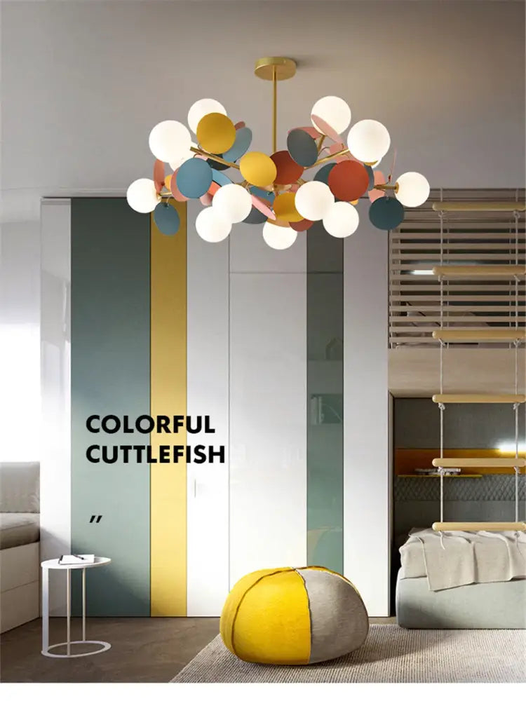 DecorBites colorful led branch chandelier with gold stem and multicolor glass shades for bedroom and living room