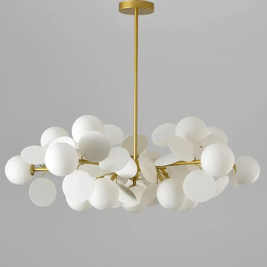 Gold-toned DecorBites™ colorful led branch chandelier with frosted glass spheres for living room and bedroom lighting