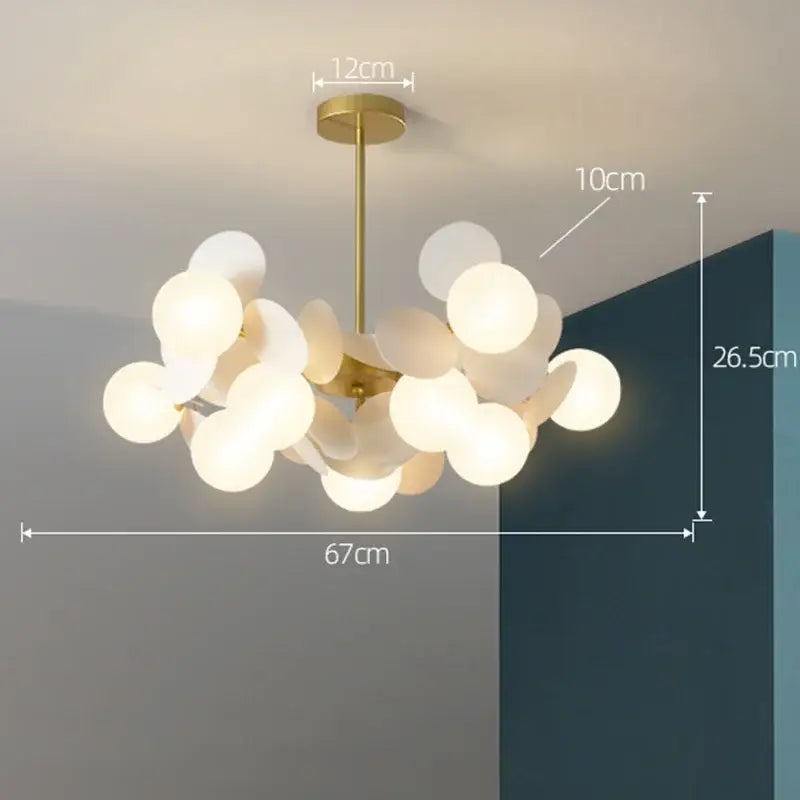 Gold-toned DecorBites™ colorful led branch chandelier with frosted glass orbs for living room and bedroom lighting