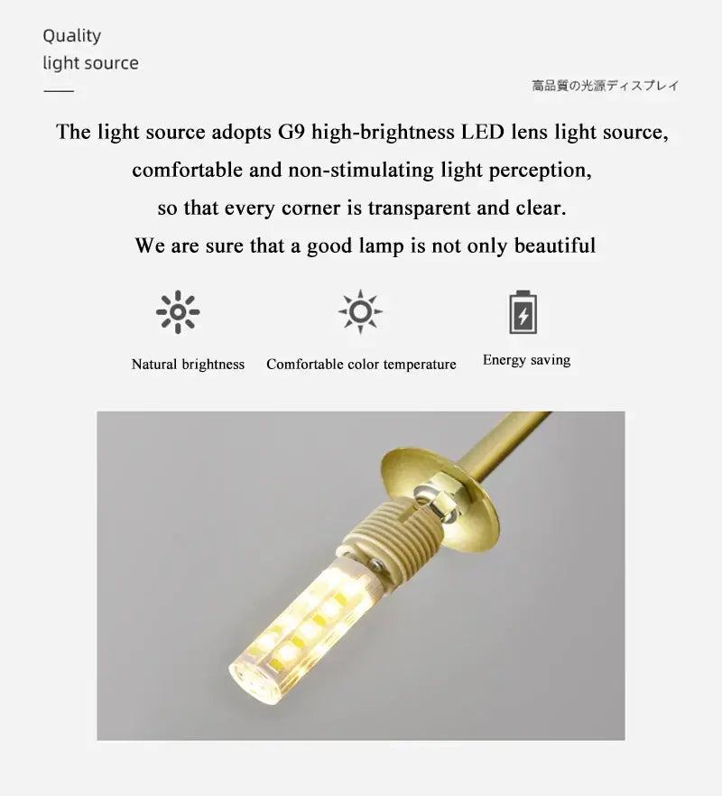 Gold-colored g9 led bulb with clear cylindrical body housing bright leds for colorful led branch chandelier living room use