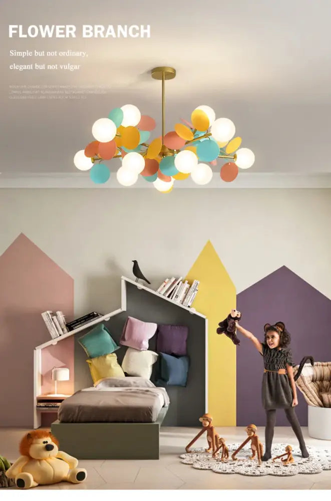 Colorful led branch chandelier with gold-toned stem and multicolor glowing orbs for living room or bedroom decor