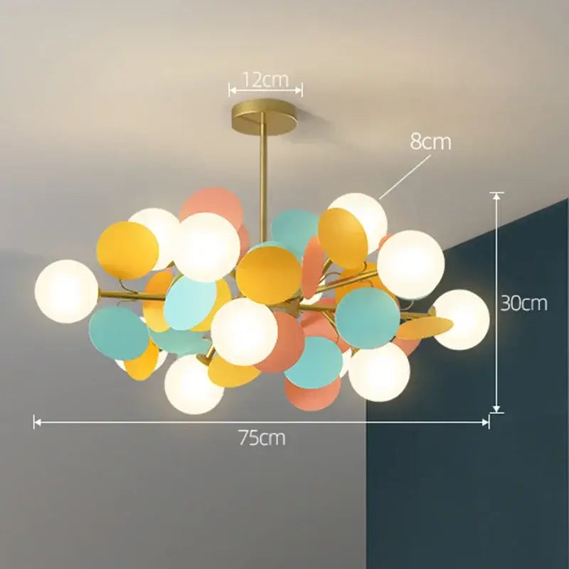 Decorbites™ colorful led branch chandelier with brass stem and pastel glass shades for bedroom and living room