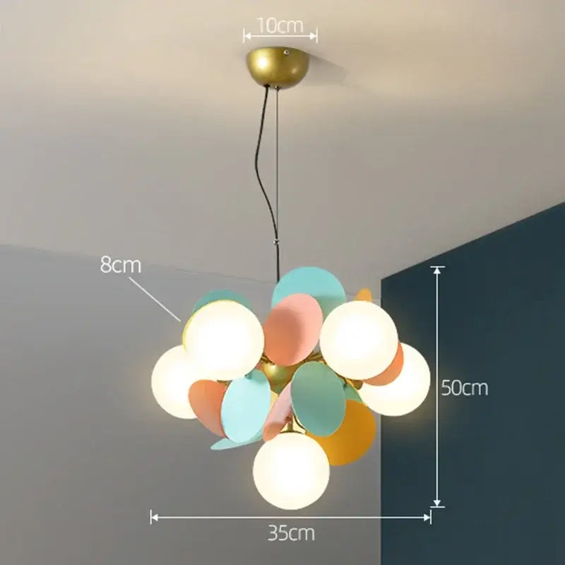 DecorBites™ colorful led branch chandelier with brass mount and pastel discs for bedroom and living room lighting
