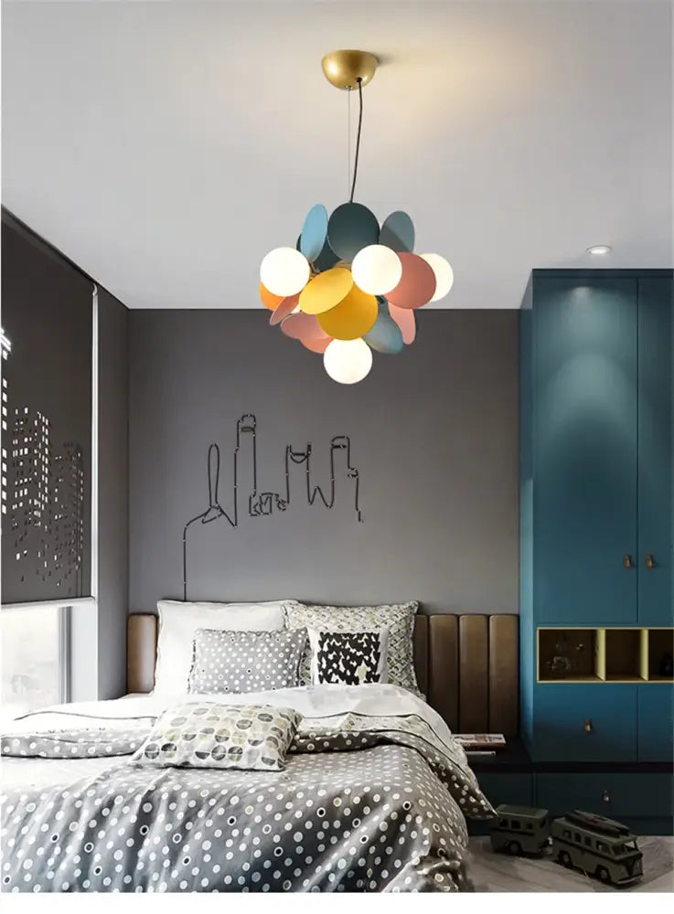Decorbites™ colorful led branch chandelier with gold-toned fixture and pastel circular shades for living room lighting