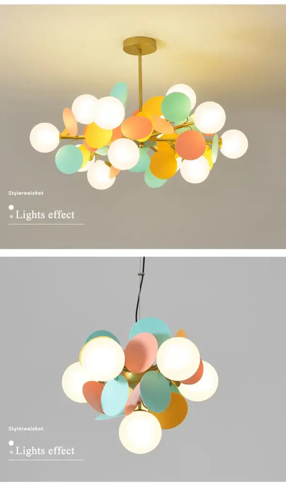 DecorBites™ colorful led branch chandelier with pastel spherical pendants and brass frame for living room lighting