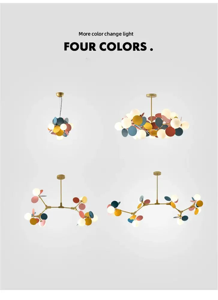 DecorBites™ colorful led branch chandelier with brass frame and multicolored discs for living room and bedroom