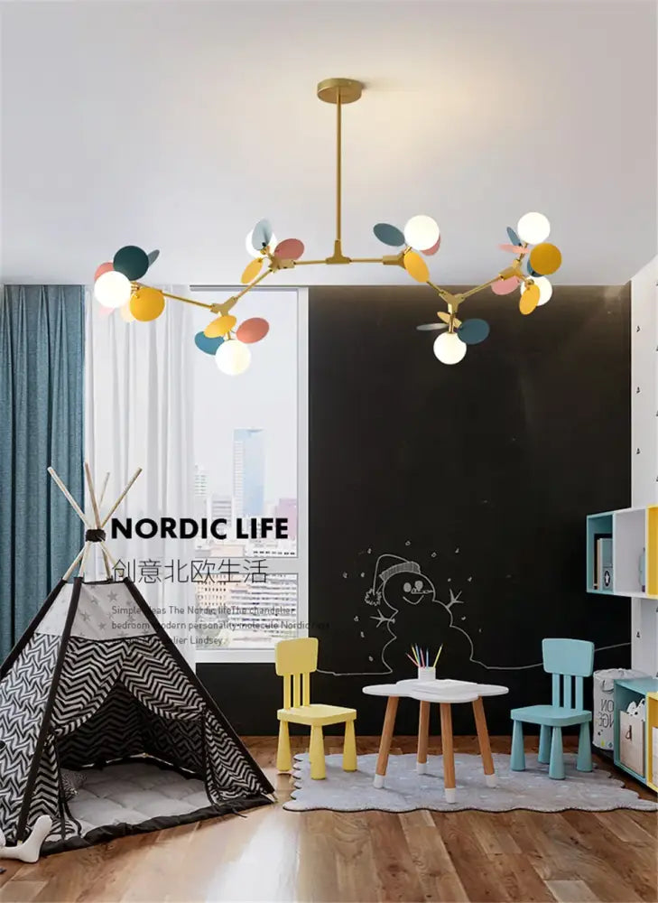 A modern decorbites colorful led branch chandelier with gold frame and multicolor circular lights for living room