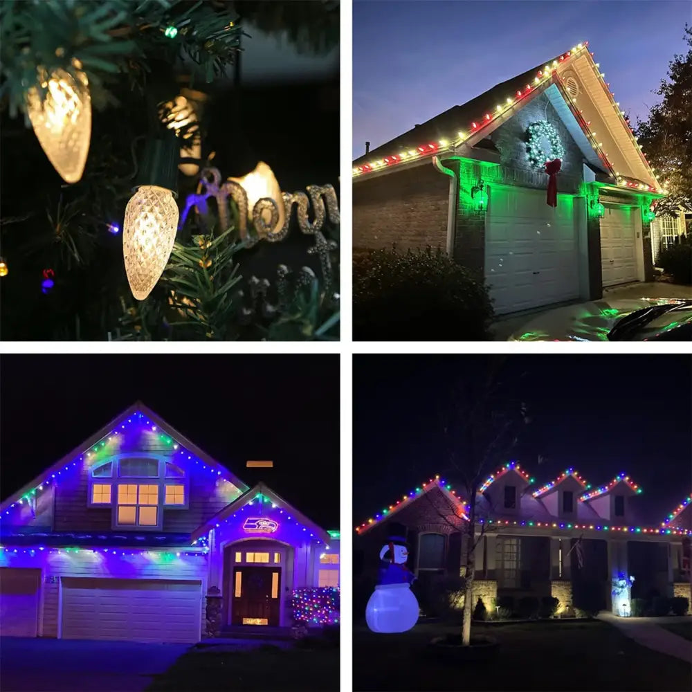 Decorbites colorful led bulb pack faceted christmas outdoor lights illuminating house and tree at night in assorted colors