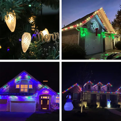 Decorbites colorful led bulb pack faceted christmas outdoor lights illuminating house and tree at night in assorted colors