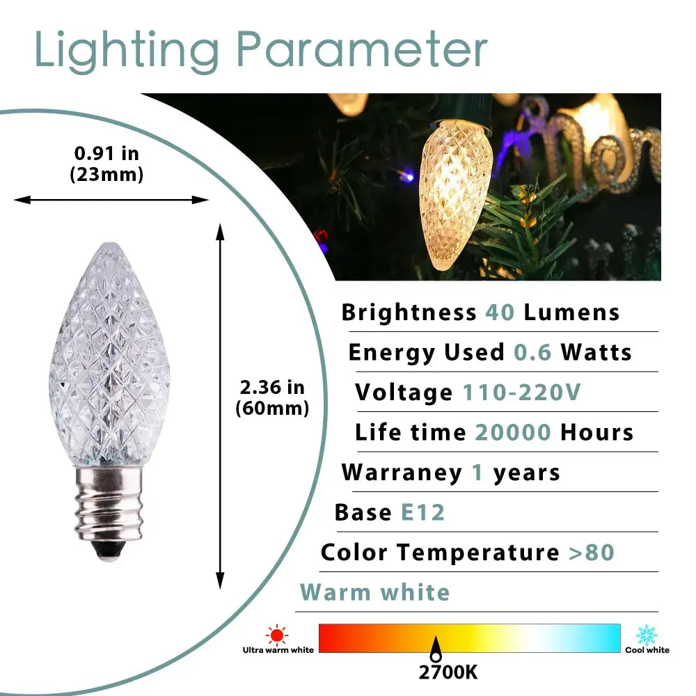Clear faceted glass led bulb with silver base and warm white light from Decorbites colorful led outdoor pack