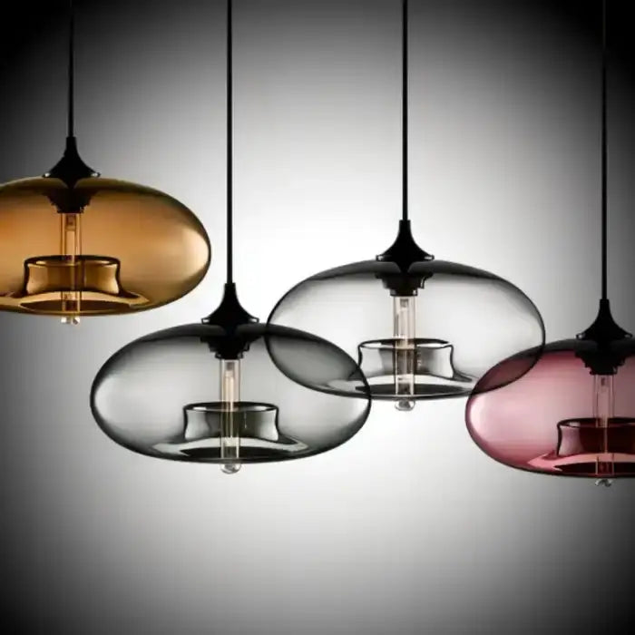 Modern glass colorful led pendant lights in amber smoky gray and rose with black metal fixtures for restaurant decor
