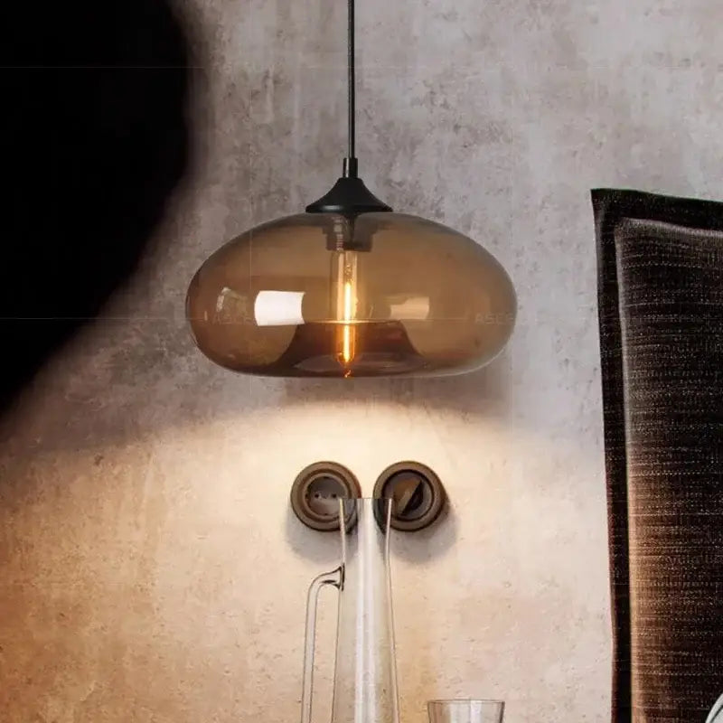 Decorbites sleek amber glass colorful led pendant lights with black metal fixture for restaurant lighting