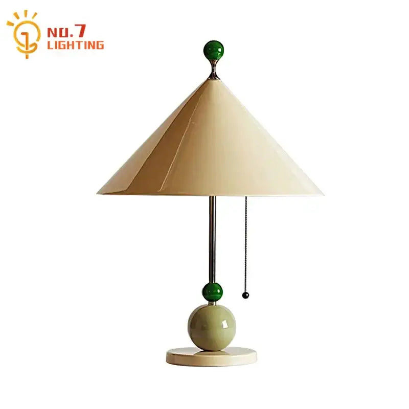 Cream-colored conical table lamp with green glass orbs and metallic stem by no.7 lighting decorbites colorful led umbrella