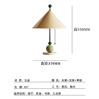A modern decorbites colorful led umbrella table lamp with green metal stem and beige conical shade for bedroom use