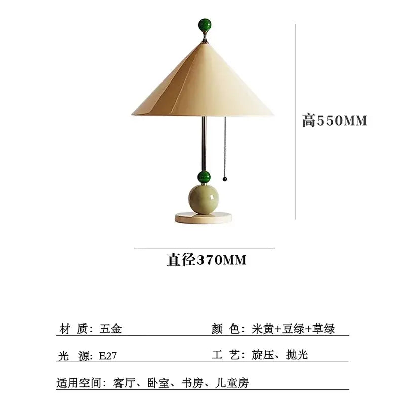 A modern decorbites colorful led umbrella table lamp with green metal stem and beige conical shade for bedroom use