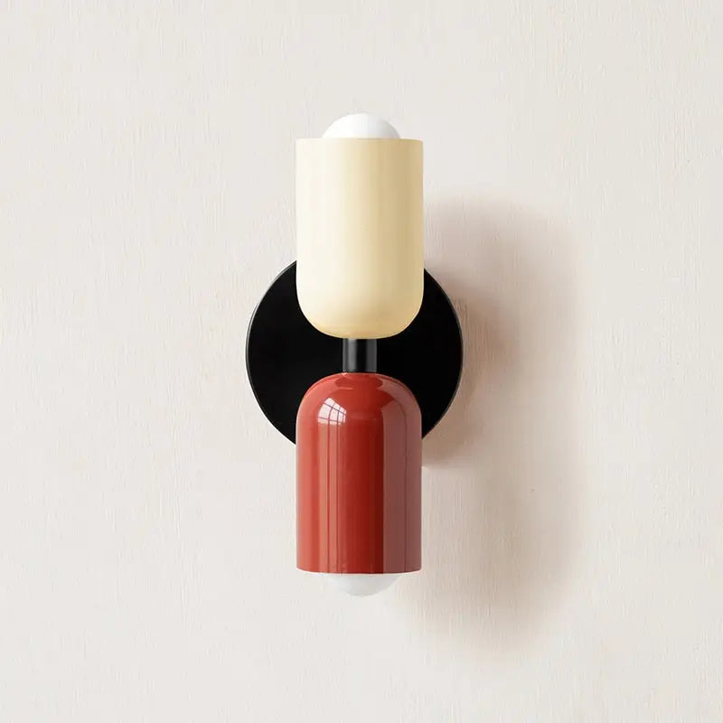 DecorBites modern wall sconce with cream and red glass shade and black circular base for stylish interior lighting