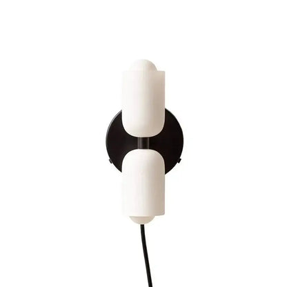 Decorbites™ colorful modern wall sconce with two off-white matte glass shades on a black circular base