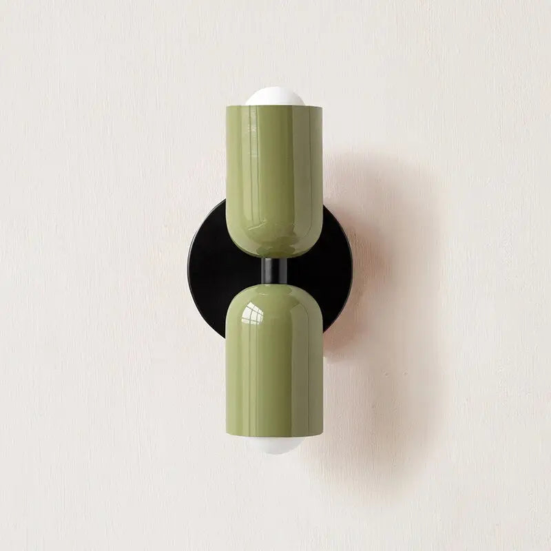DecorBites™ colorful modern wall sconce olive green with black base and two frosted glass shade bulbs