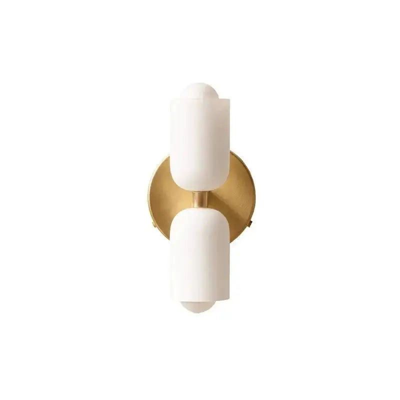 DecorBites™ colorful modern wall sconce with two frosted white glass shades and brushed brass backplate