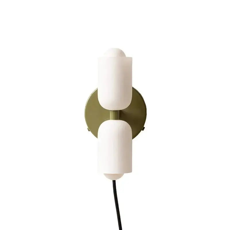 DecorBites™ colorful modern wall sconce with two matte white rounded glass shades on olive green metal backplate