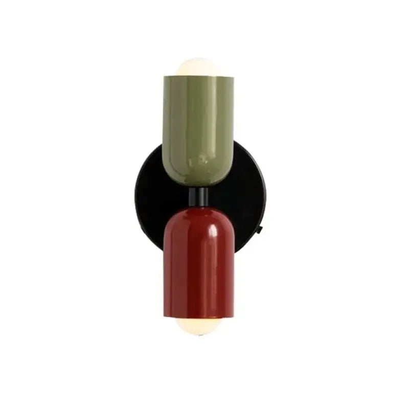 Decorbites™ colorful modern wall sconce with two-toned olive green and red glass shades on black circular base