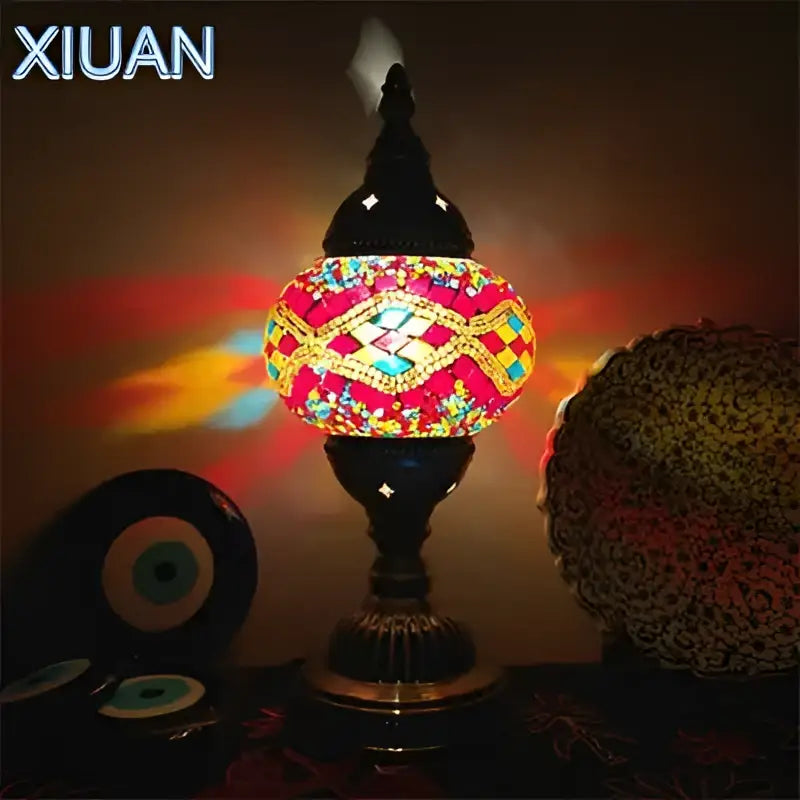 Decorbites colorful mosaic table lamp with red yellow and blue stained glass and dark metal base for bedroom decor