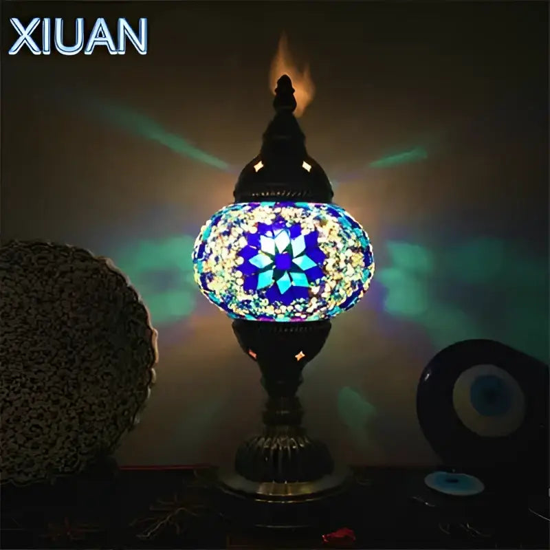 Decorbites colorful mosaic table lamp with blue turquoise stained glass body and ornate brass base for bedroom use