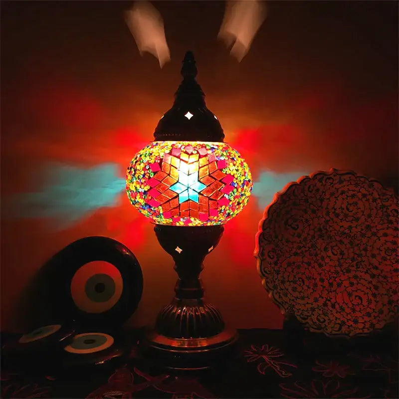 Decorbites colorful mosaic table lamp with starburst red orange yellow blue tiles and ornate dark metal base for bedroom