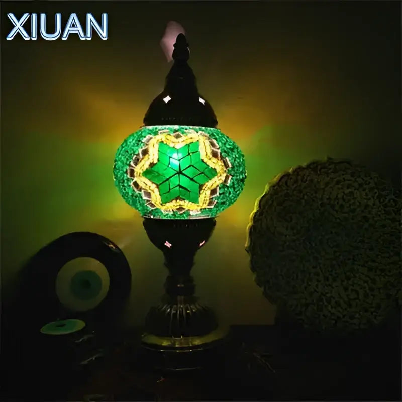 Decorbites colorful mosaic table lamp with green stained glass star pattern and dark metal base for bedroom decor
