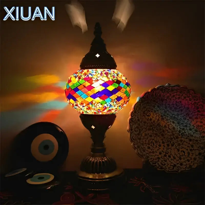 Decorbites colorful mosaic table lamp with vibrant stained glass globe and ornate brass base for bedroom use