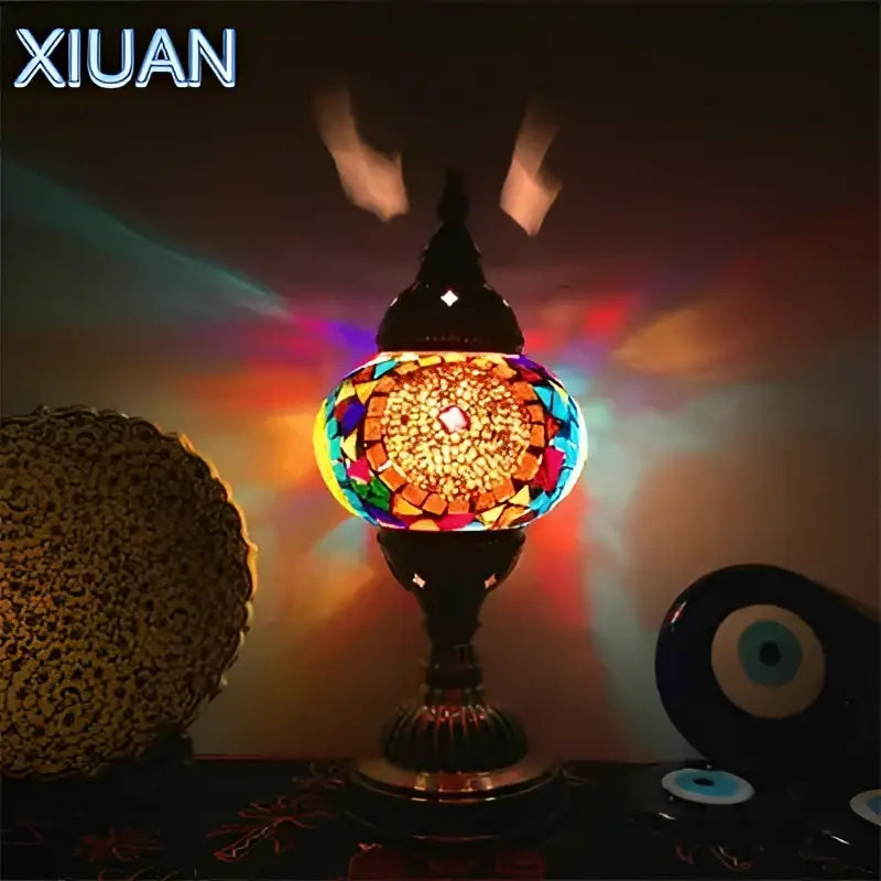 Decorbites colorful mosaic table lamp with vibrant stained glass and ornate brass base for bedroom use