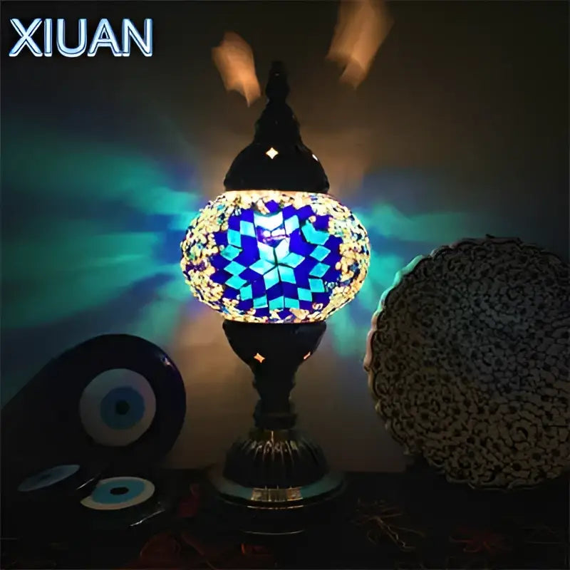 Blue decorbites colorful mosaic table lamp with intricate geometric glass patterns and dark metal base for bedroom decor