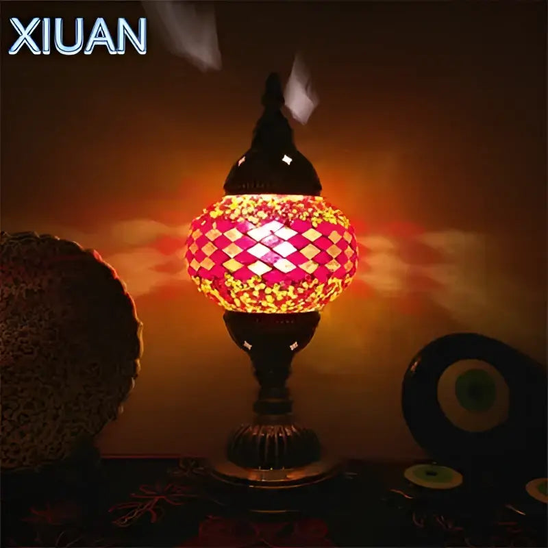Decorbites colorful mosaic table lamp with vibrant red and gold stained glass and black metal base for bedroom use