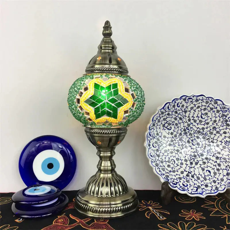 Decorbites colorful mosaic table lamp with green and yellow stained glass and ornate brass base for bedroom use