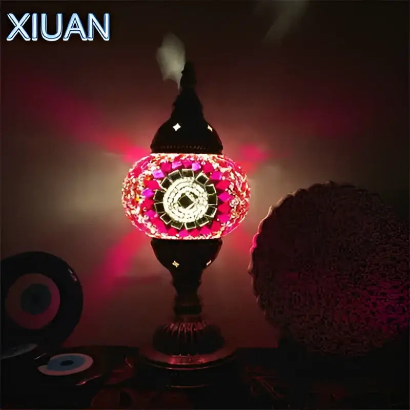 A decorbites colorful mosaic table lamp with vibrant pink and black geometric glass and brass for bedroom decor