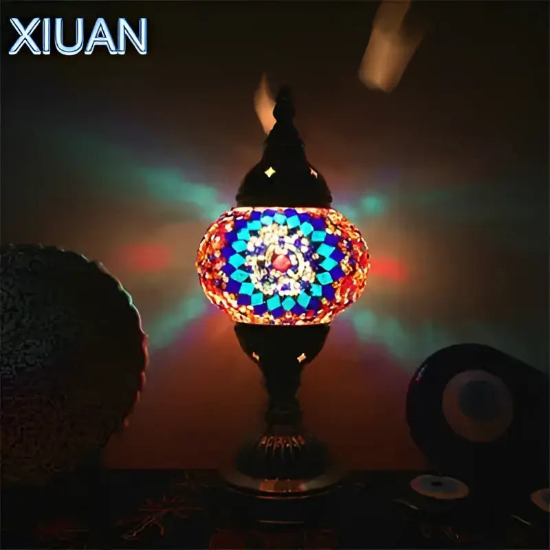 Decorbites colorful mosaic table lamp with vibrant stained glass tiles and black metal base for bedroom decor