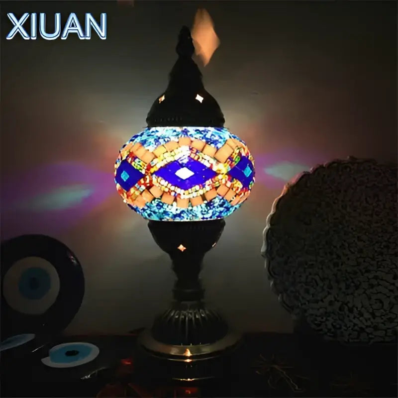 Decorbites colorful mosaic table lamp with vibrant tiled shade black metal base and ornate top for bedroom decor