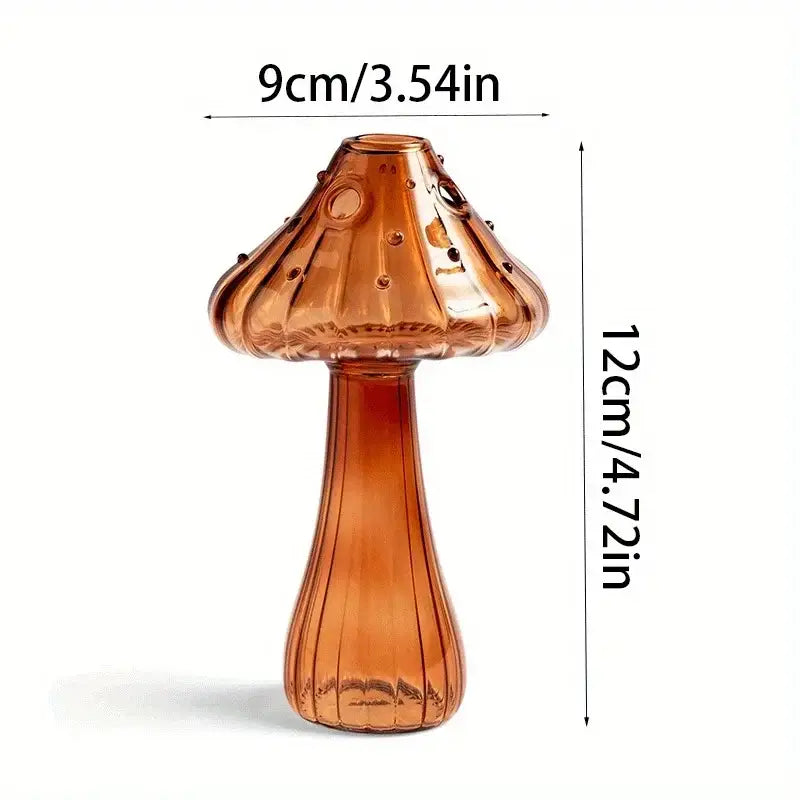 Amber-colored glass mushroom vase with textured cap and stem for home decor by DecorBites colorful mushroom vase