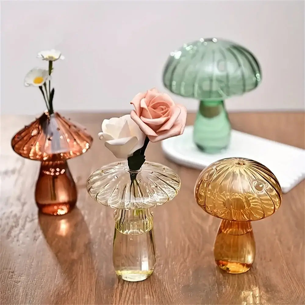 Clear glass colorful mushroom vase with intricate ribbed patterns and glossy finish for elegant home decor