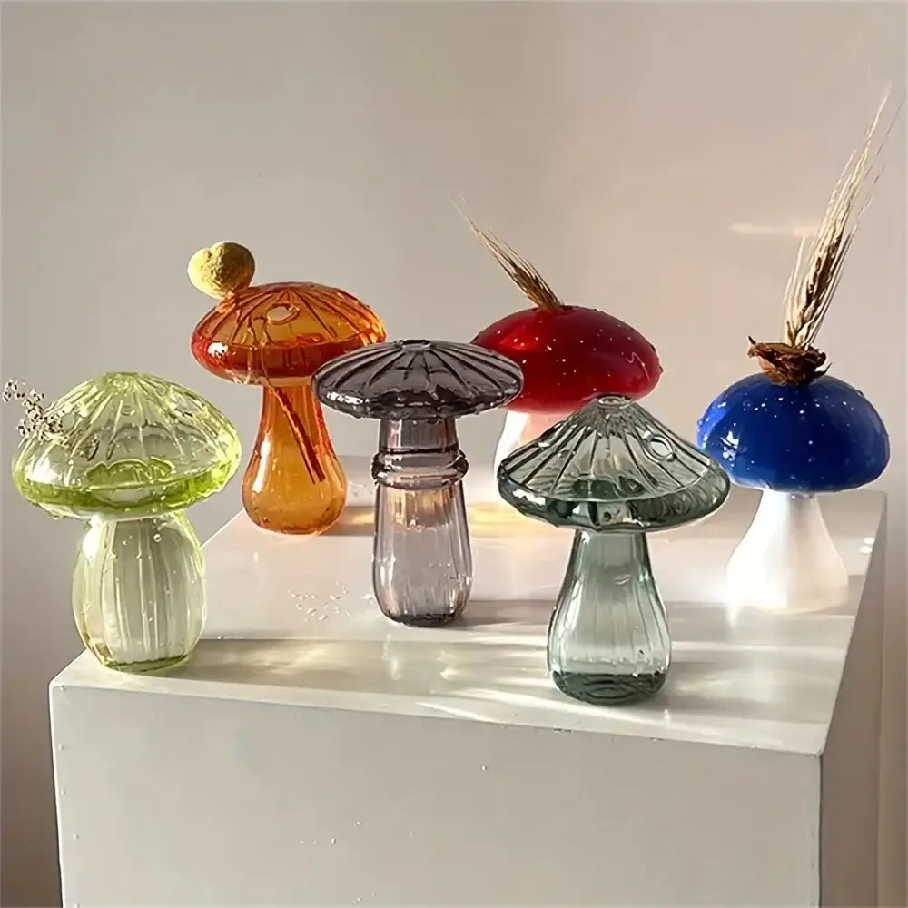 Decorbites™ colorful mushroom vase featuring translucent glass mushroom figurines with textured caps for home decor