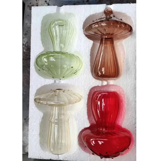DecorBites colorful mushroom vase set of four hand-blown glass mushroom ornaments in green amber clear and red for home decor