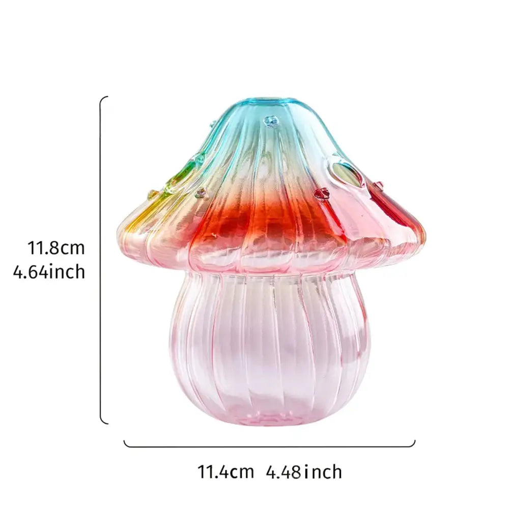 DecorBites™ colorful mushroom vase with a ribbed translucent glass stem in blue green orange pink and red for home decor