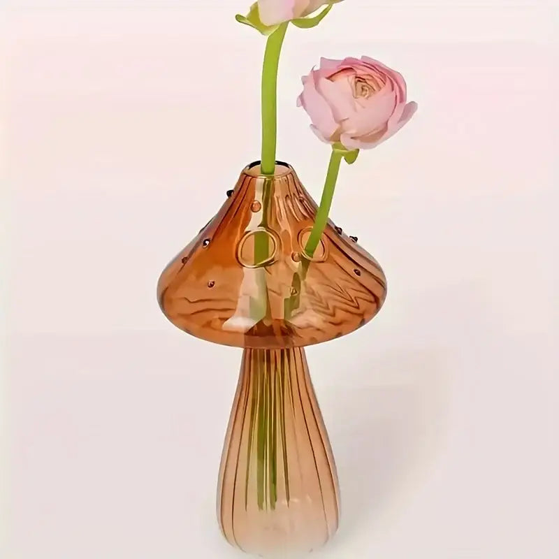DecorBites™ colorful mushroom vase in translucent amber glass with vertical ridges and metallic dots for home decor