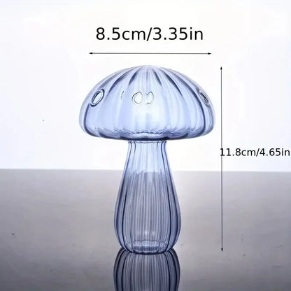 Decorbites translucent blue glass mushroom vase with vertical ridges and circular cutouts for colorful home decor