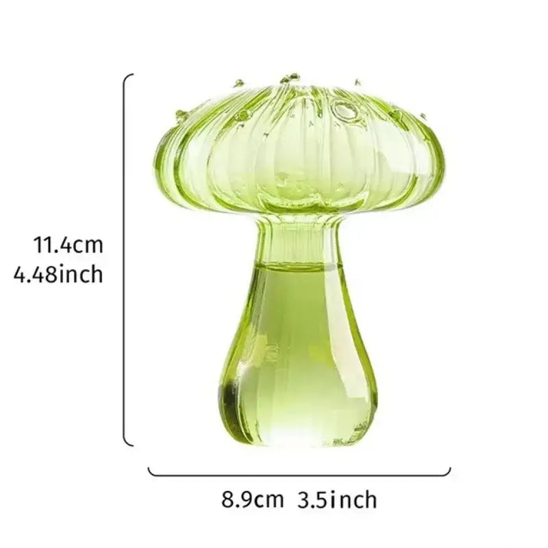 A translucent lime green glass mushroom vase with a ribbed cap and smooth stem for home decor by decorbites