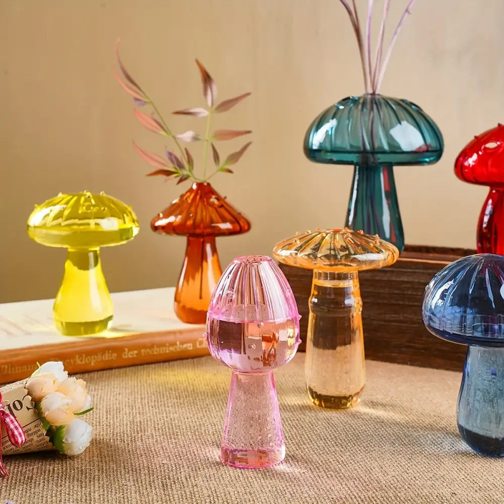 Decorbites™ colorful mushroom vase in translucent pink glass with ribbed cap and stem for home decor holding water