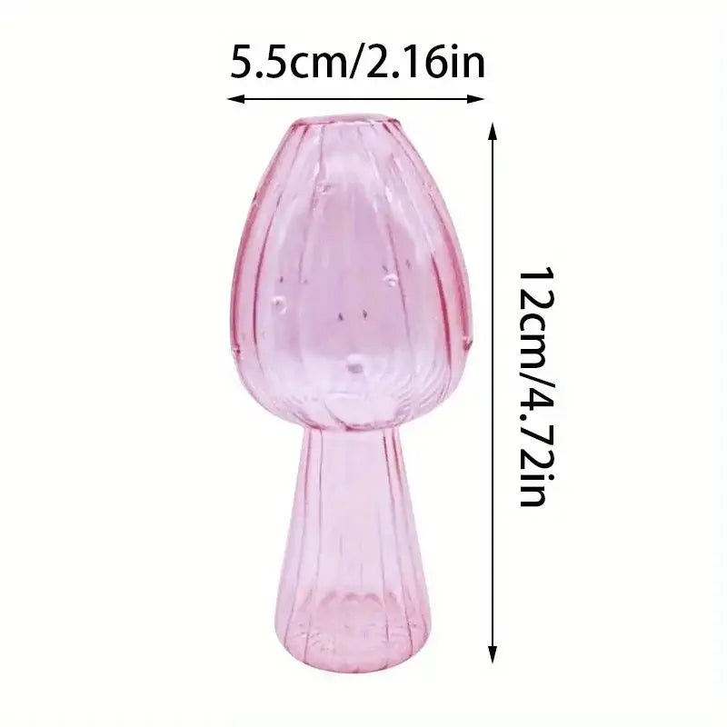 DecorBites™ translucent pink glass mushroom vase with ribbed texture for colorful mushroom vase home decor