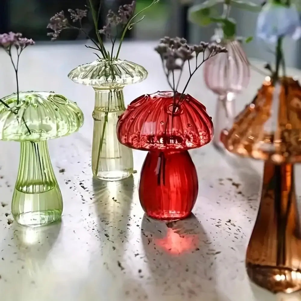 Vibrant red colorful mushroom vase by DecorBites textured with ribbed glass cap and stem for home decor