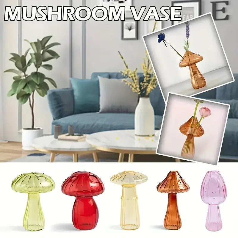 Translucent glass colorful mushroom vase in green red yellow amber and pink for nordic style home decor by decorbites